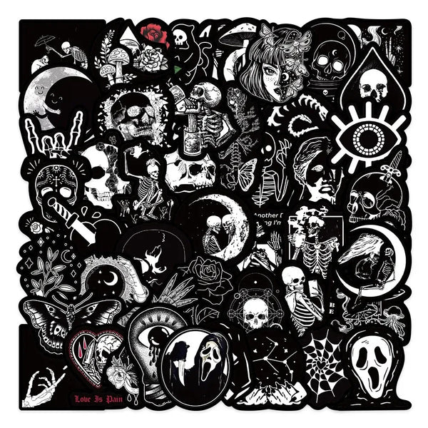 A black sticker pack featuring various skulls, bats, and Halloween-themed designs for laptops and other items.