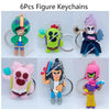 Six figure keychains featuring various characters in colorful designs