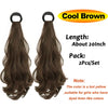 A pair of cool brown heat resistant synthetic ponytail extensions, about 20 inches long.