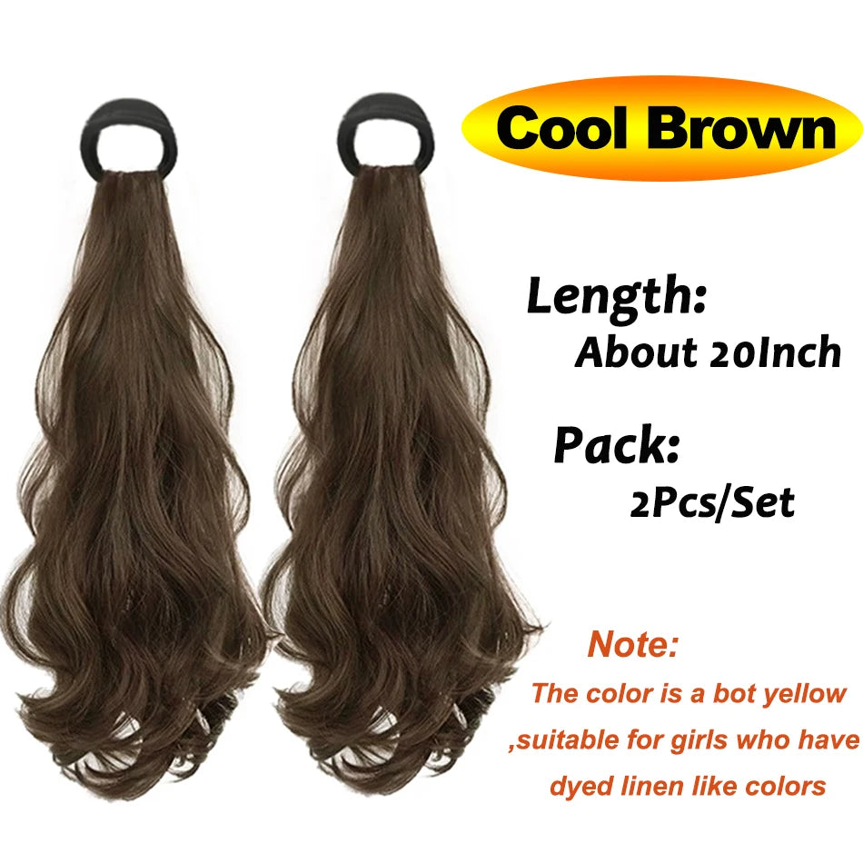 A pair of cool brown heat resistant synthetic ponytail extensions, about 20 inches long.