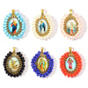 A set of six French stainless steel Virgin Mary charm pendants featuring various colors and floral borders.