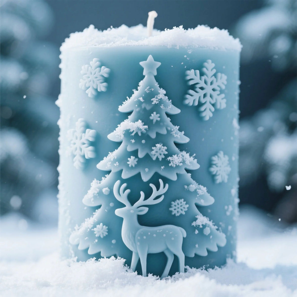 A light blue silicone mold shaped like a reindeer and Christmas tree covered in snow, resting on white snow.