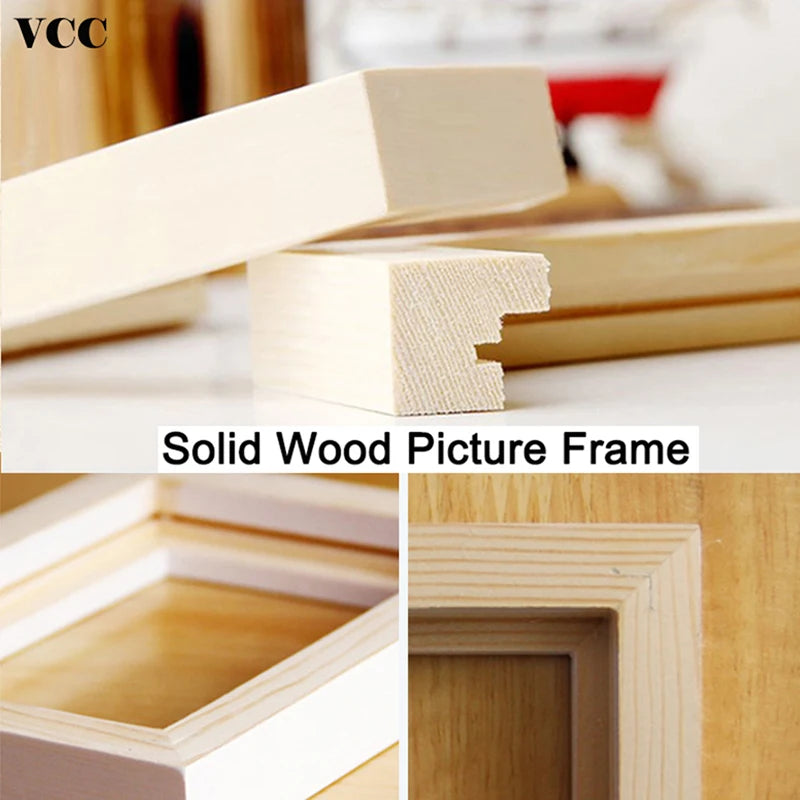 A solid wood picture frame made of light-colored natural wood, shown in various angles.