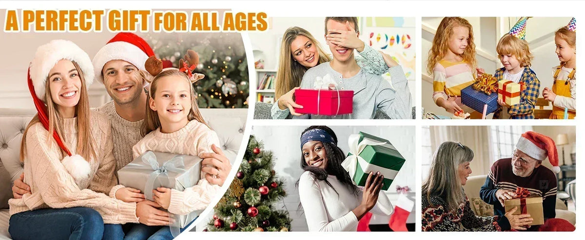 A collection of diverse families and individuals receiving or giving transparent acrylic money saving jars as gifts.