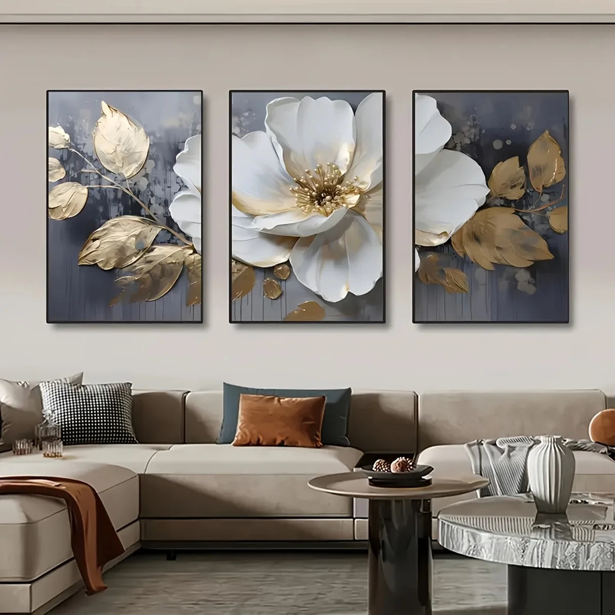 A set of three modern abstract floral wall art prints featuring white and gold flowers on a dark background.