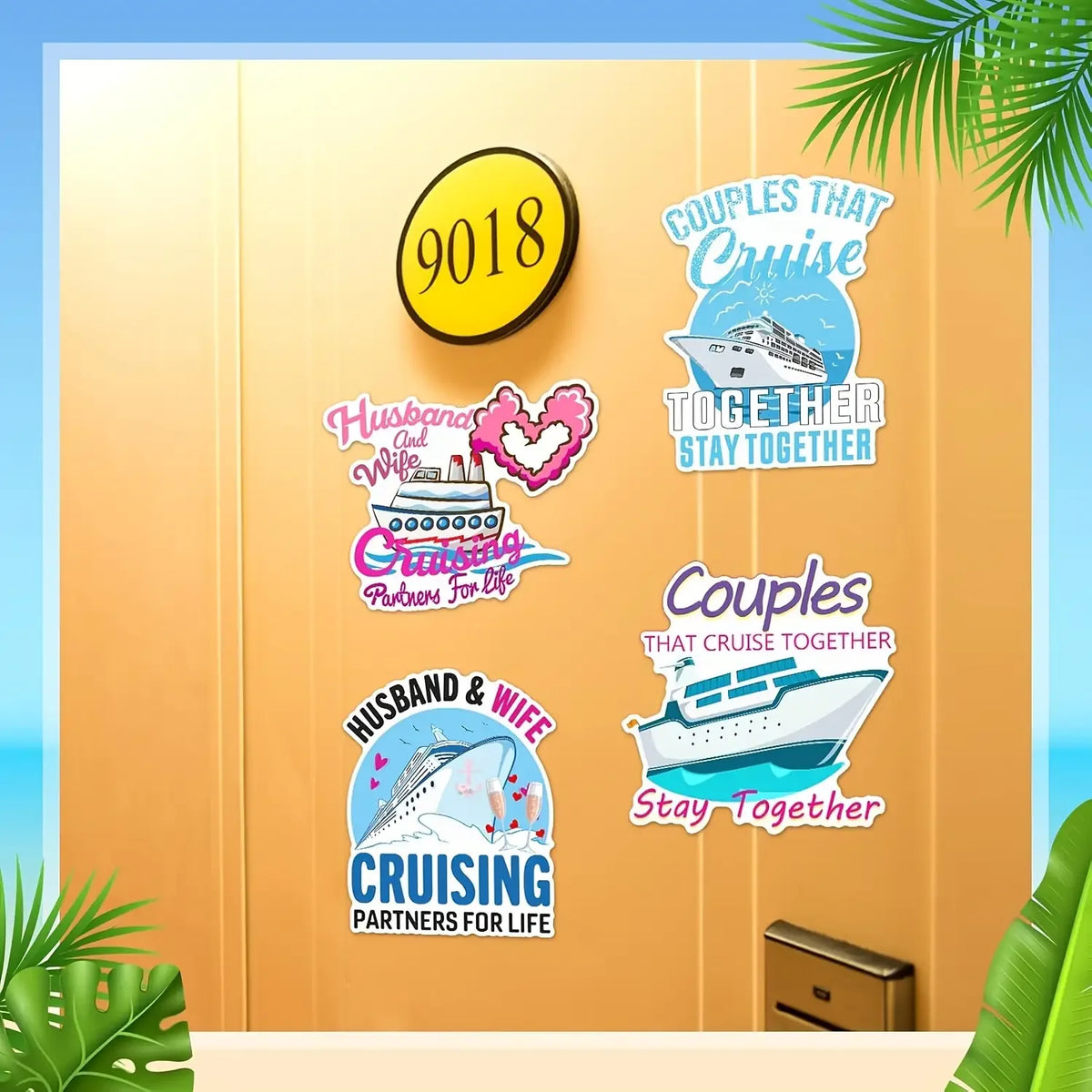 A set of magnetic cruise door decorations featuring numbers, text, and boat graphics for couples.