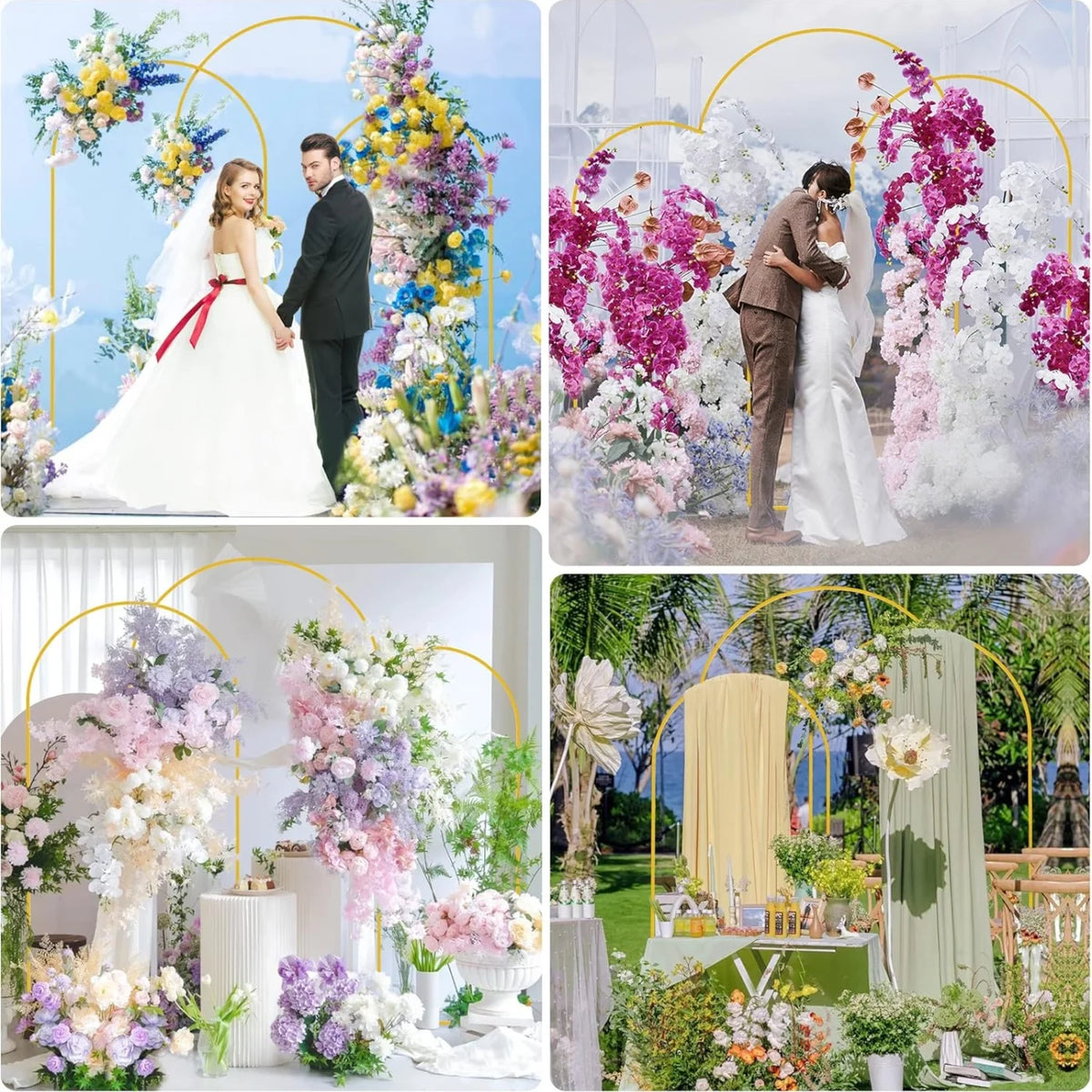 Three gold metal arched wedding backdrop stands displaying floral arrangements for a wedding ceremony.