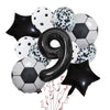 A set of black and white football-shaped helium foil balloons for birthday party decorations.