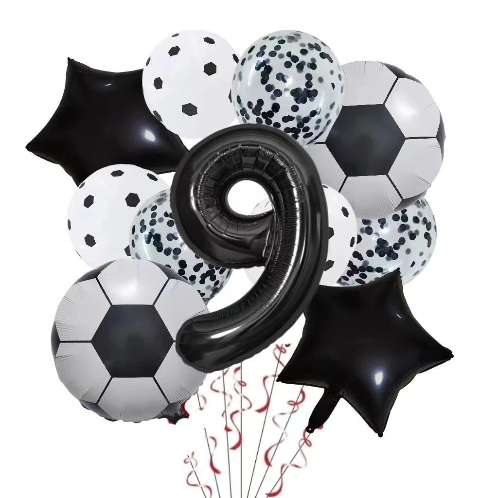 A set of black and white football-shaped helium foil balloons for birthday party decorations.