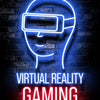 Neon blue outline of a person wearing a virtual reality headset against a brick background with the text VIRTUAL REALITY GAMI
