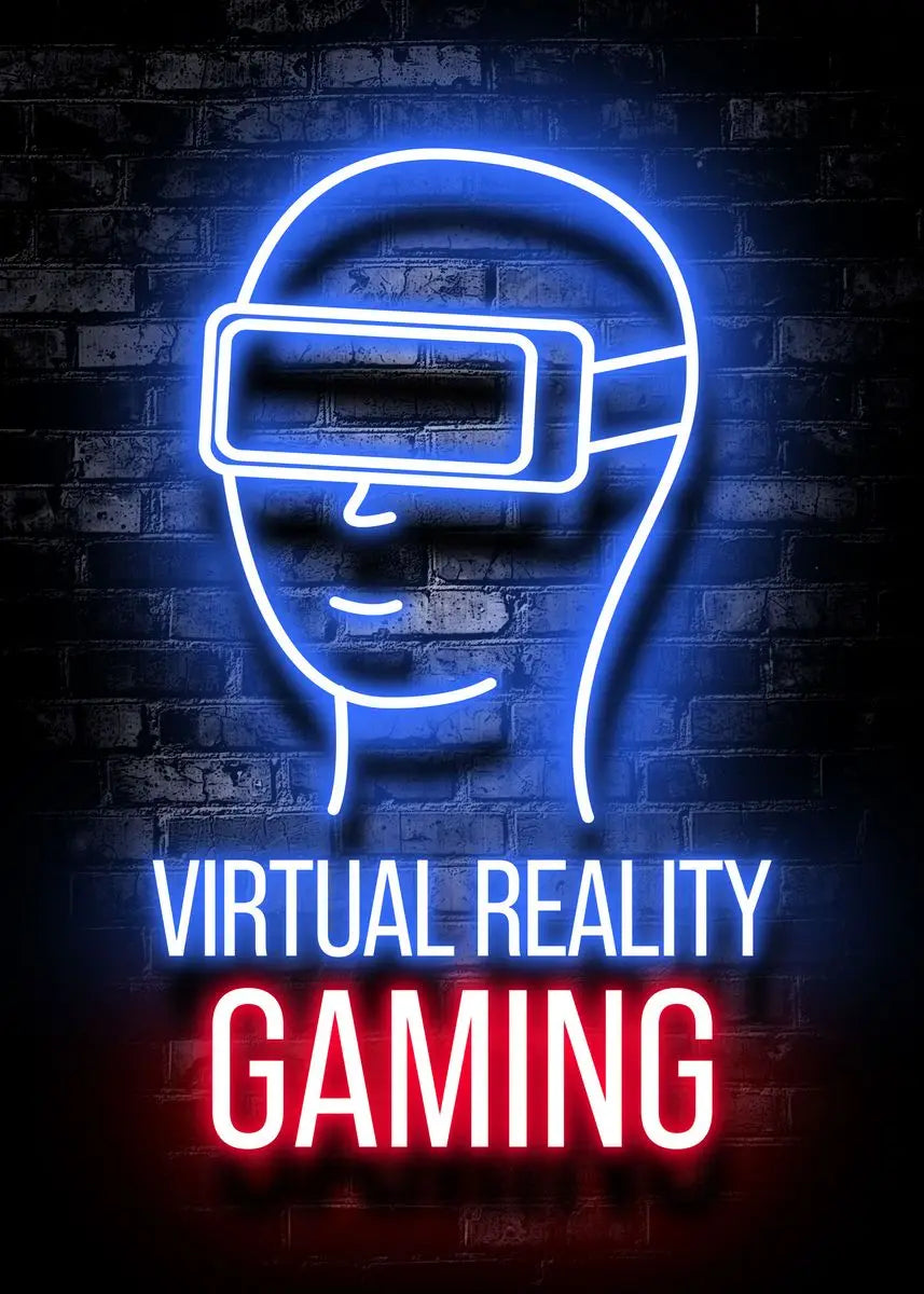 Neon blue outline of a person wearing a virtual reality headset against a brick background with the text VIRTUAL REALITY GAMI