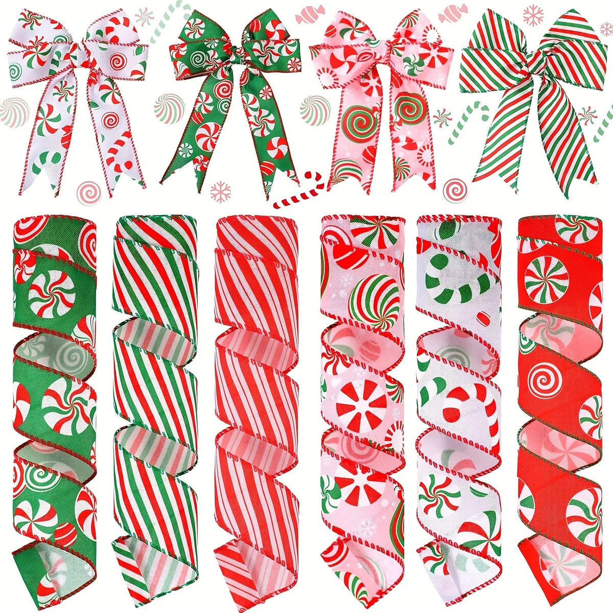 Red and white candy cane striped burlap ribbon with green accents and wired edges for crafting.