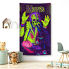 A vibrant poster featuring a skull with purple hair and green skin, set against a dark background.