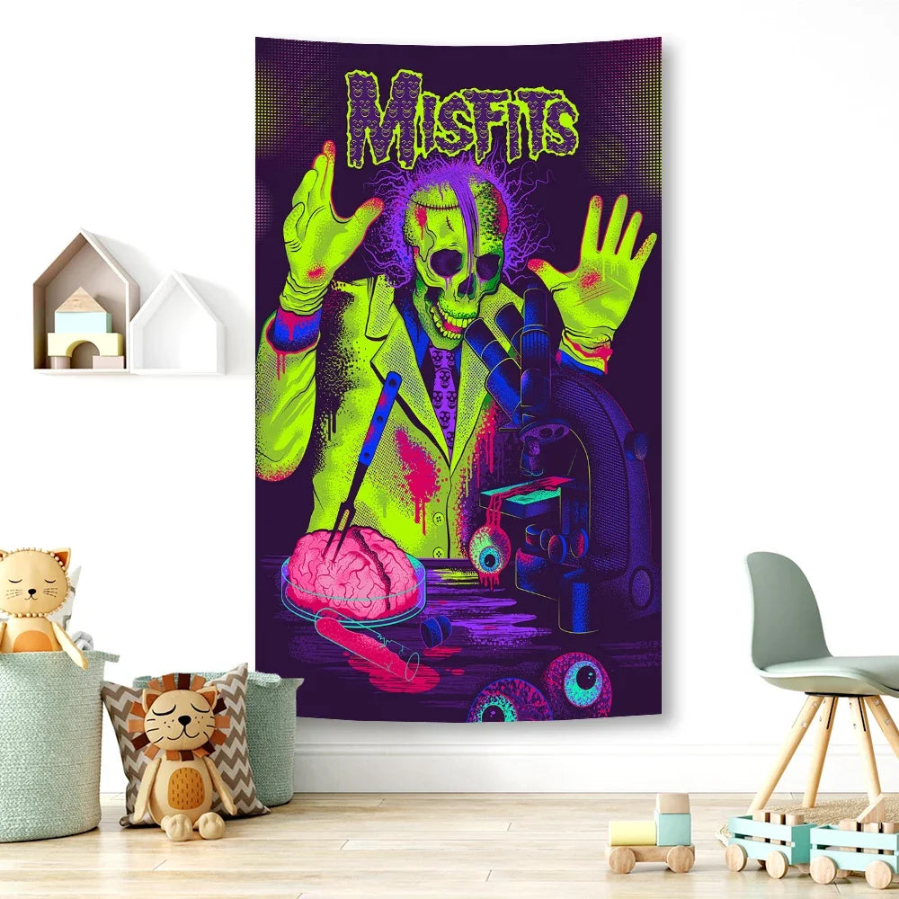 A vibrant poster featuring a skull with purple hair and green skin, set against a dark background.