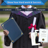 A person in a black graduation gown holds a gold-framed certificate and a white certificate.