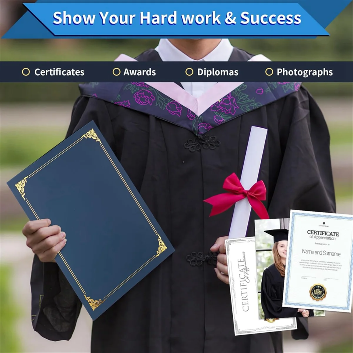 A person in a black graduation gown holds a gold-framed certificate and a white certificate.