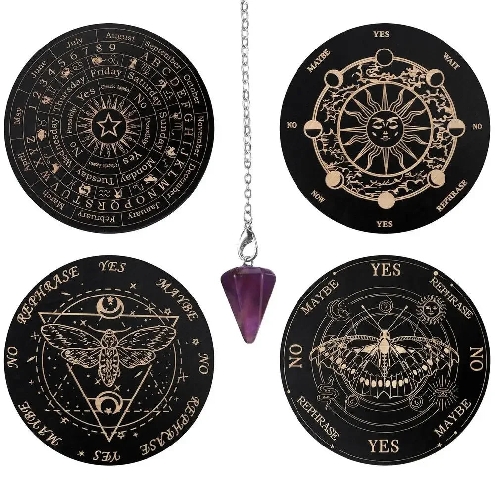 A set of nine black wooden divination boards featuring celestial symbols and words like Yes No Maybe and Rephrase