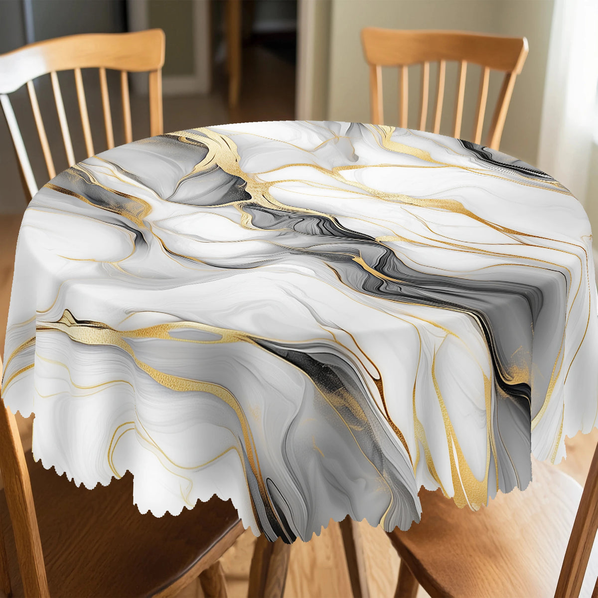 A round tablecloth featuring marble-printed patterns in black, gray, and gold ink textures.