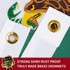 Close-up of white brass grommets and a green embroidered tapestry banner featuring a stylized jaguar head.