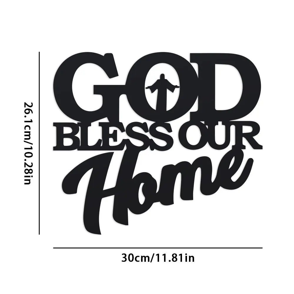 Art mural black metal avec le texte 'GOD BLESS OUR HOME'