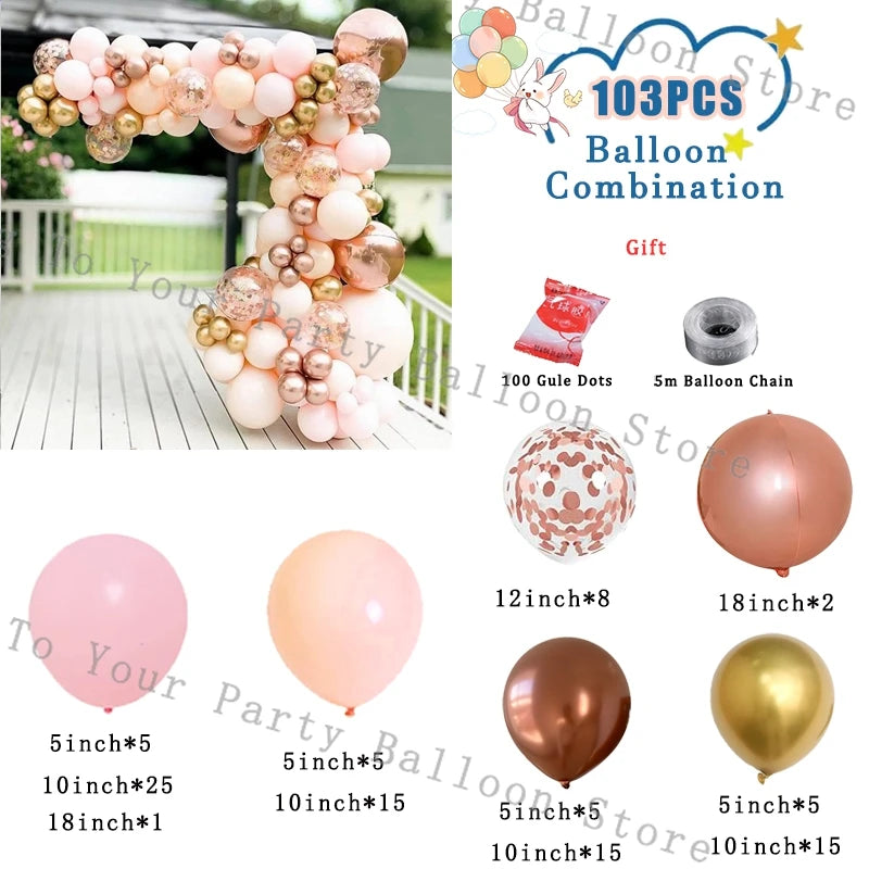A kit for a balloon combination featuring pink and white balloons, including various sizes and colors.