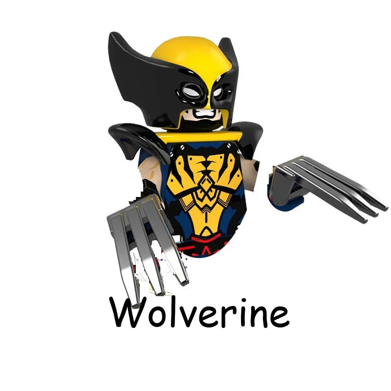A collectible building block set depicting the character Wolverine in his iconic yellow and black costume.