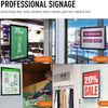 A collection of professional signage examples including a drink menu, a swimming pool sign, an evacuation plan, and a 20% sal