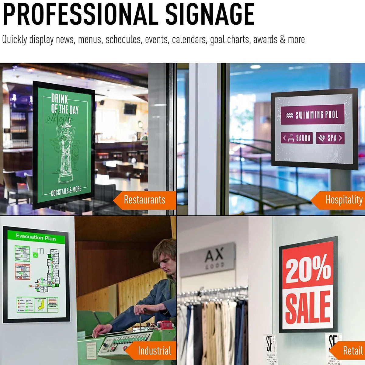 A collection of professional signage examples including a drink menu, a swimming pool sign, an evacuation plan, and a 20% sal