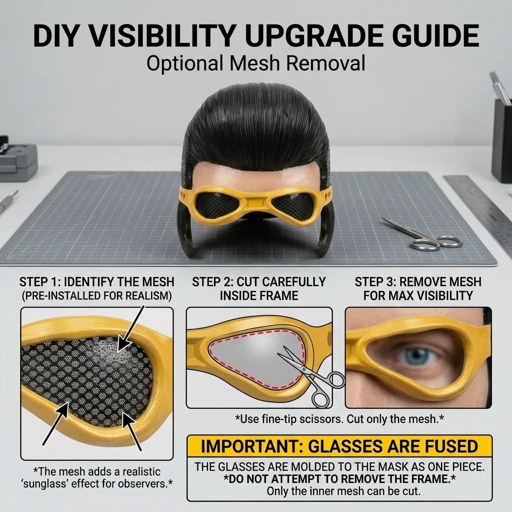 Guía DIY para mejorar la visibilidad, mostrando cómo quitar la malla del marco de una máscara amarilla