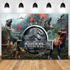 A dramatic backdrop featuring various dinosaurs against a fiery background for a birthday theme.