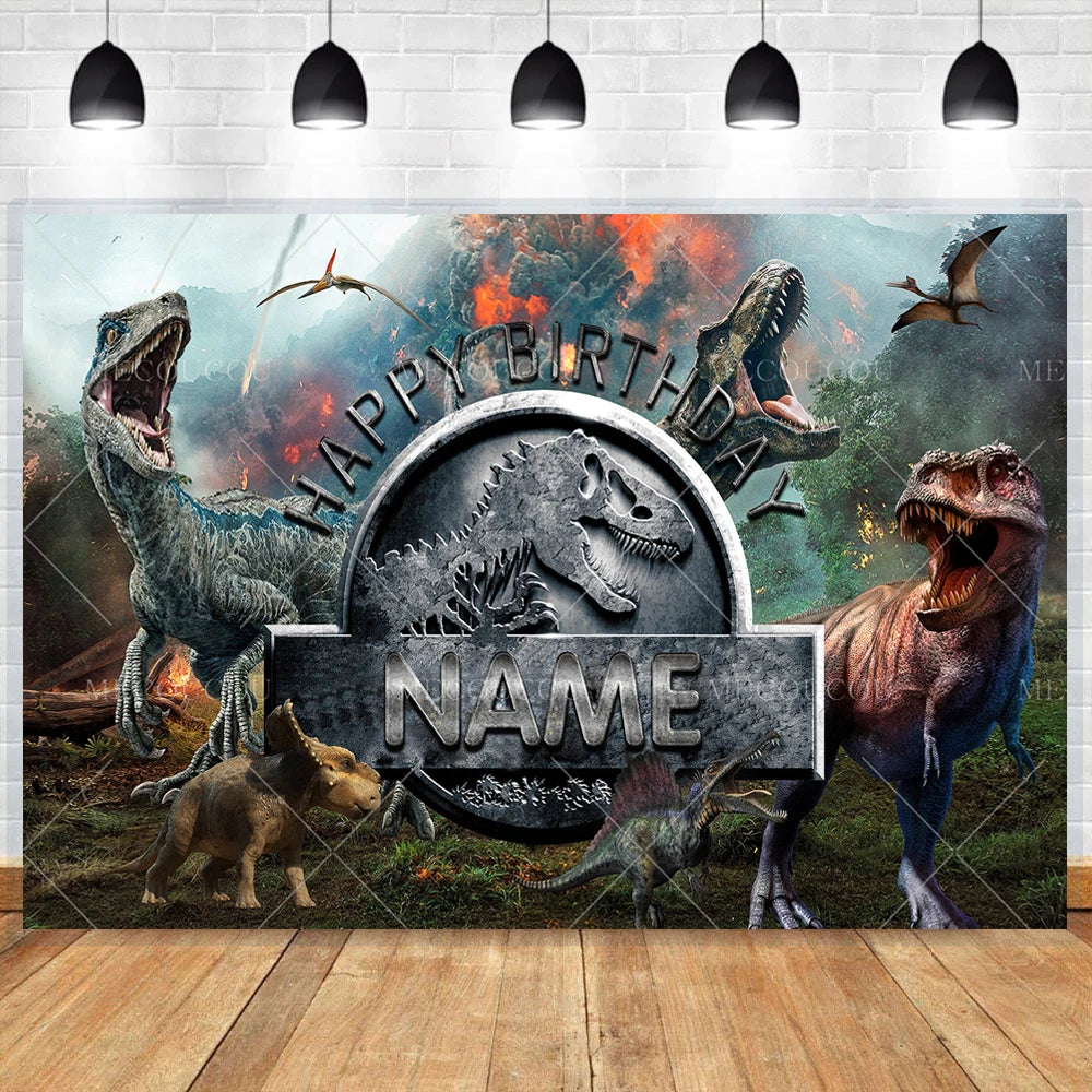 A dramatic backdrop featuring various dinosaurs against a fiery background for a birthday theme.