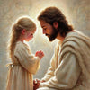A painting depicting Jesus and a woman in a tender moment, rendered in soft, warm tones.