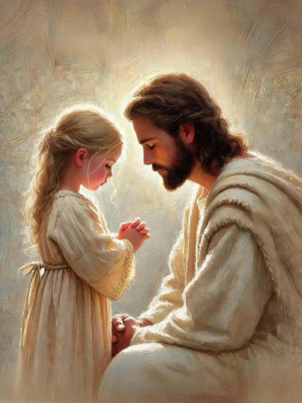 A painting depicting Jesus and a woman in a tender moment, rendered in soft, warm tones.