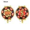 18 inch casino dice foil balloons in red and black with gold accents, shown from the front and side.