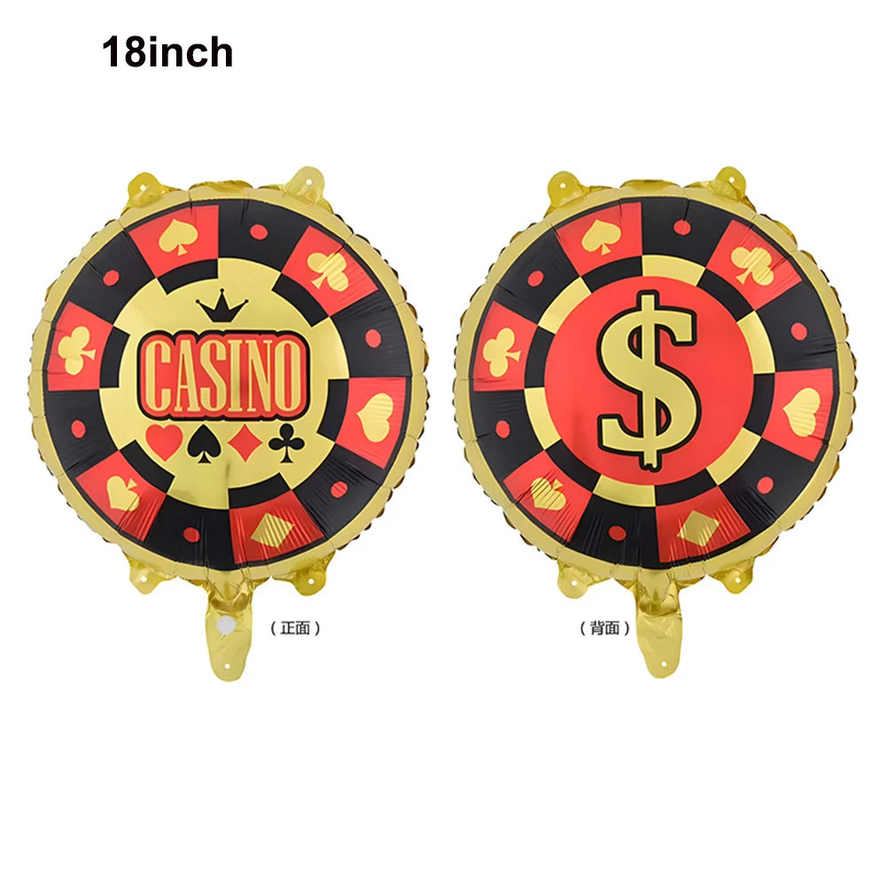 18 inch casino dice foil balloons in red and black with gold accents, shown from the front and side.
