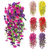 A collection of artificial morning glory hanging flowers in various shades of purple, pink, and yellow.