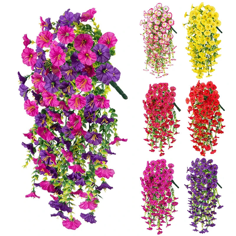 A collection of artificial morning glory hanging flowers in various shades of purple, pink, and yellow.
