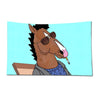 A cartoon drawing of a brown horse character wearing sunglasses and holding a wooden flag pole.