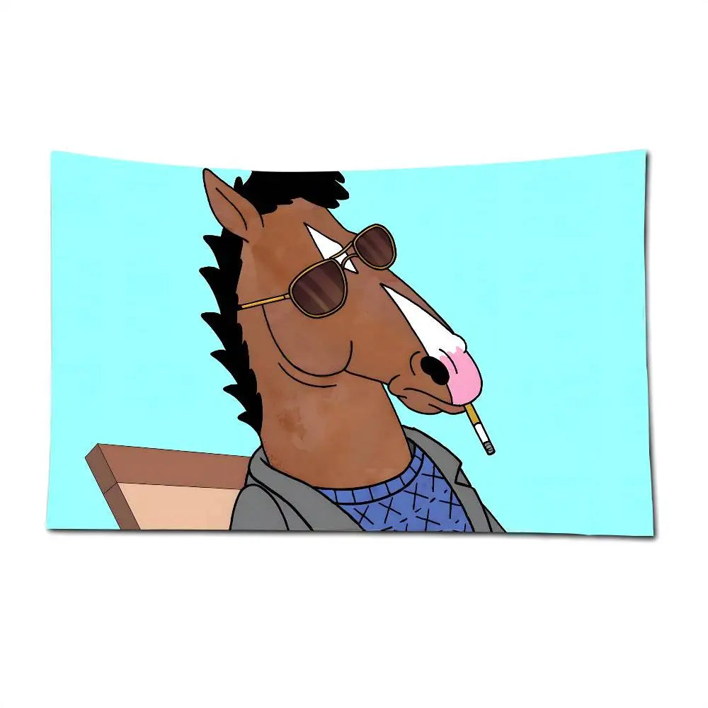 A cartoon drawing of a brown horse character wearing sunglasses and holding a wooden flag pole.