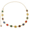 A delicate gold waist chain featuring colorful crystal beads and gemstones.
