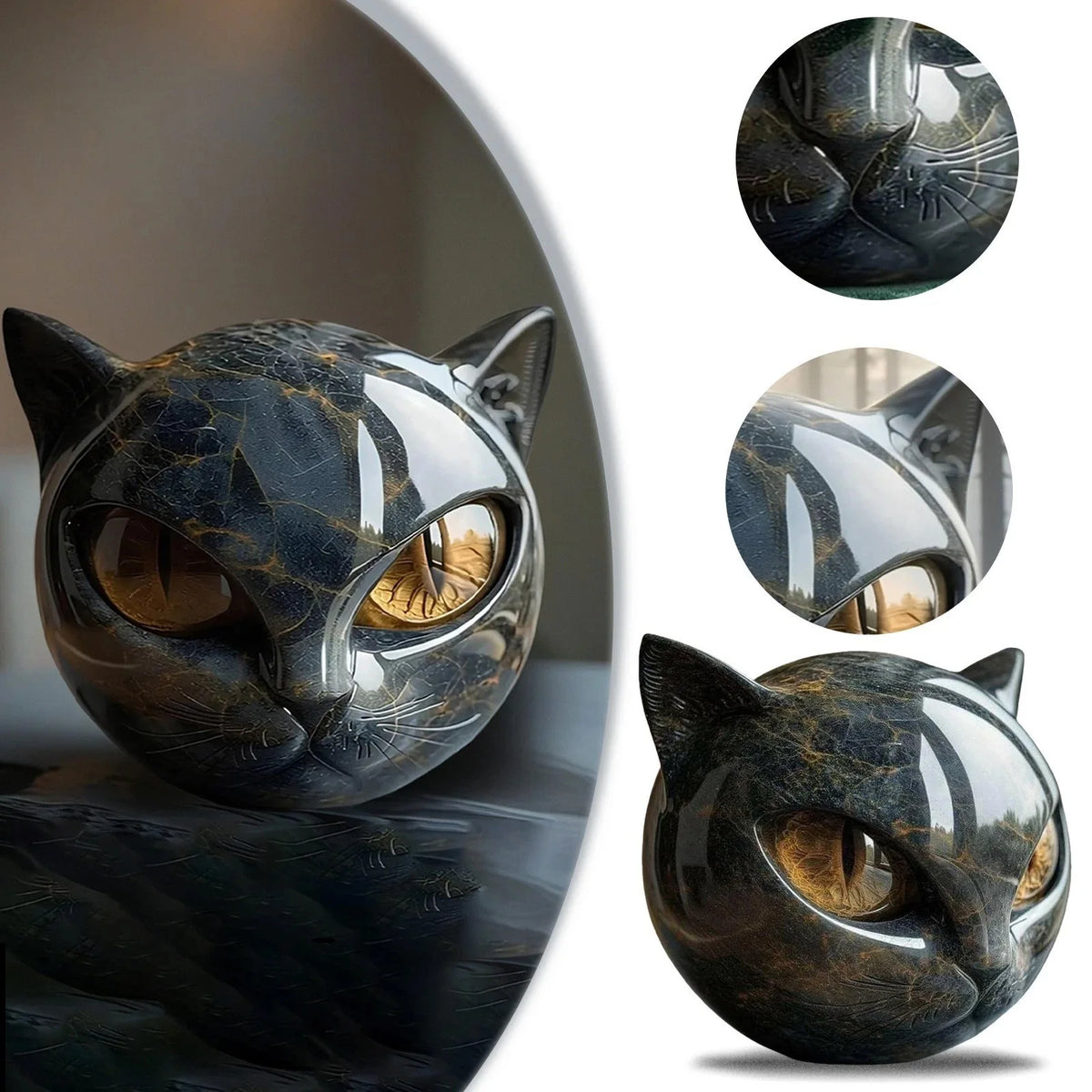 Black Cat Resin Figurine with Marble Texture