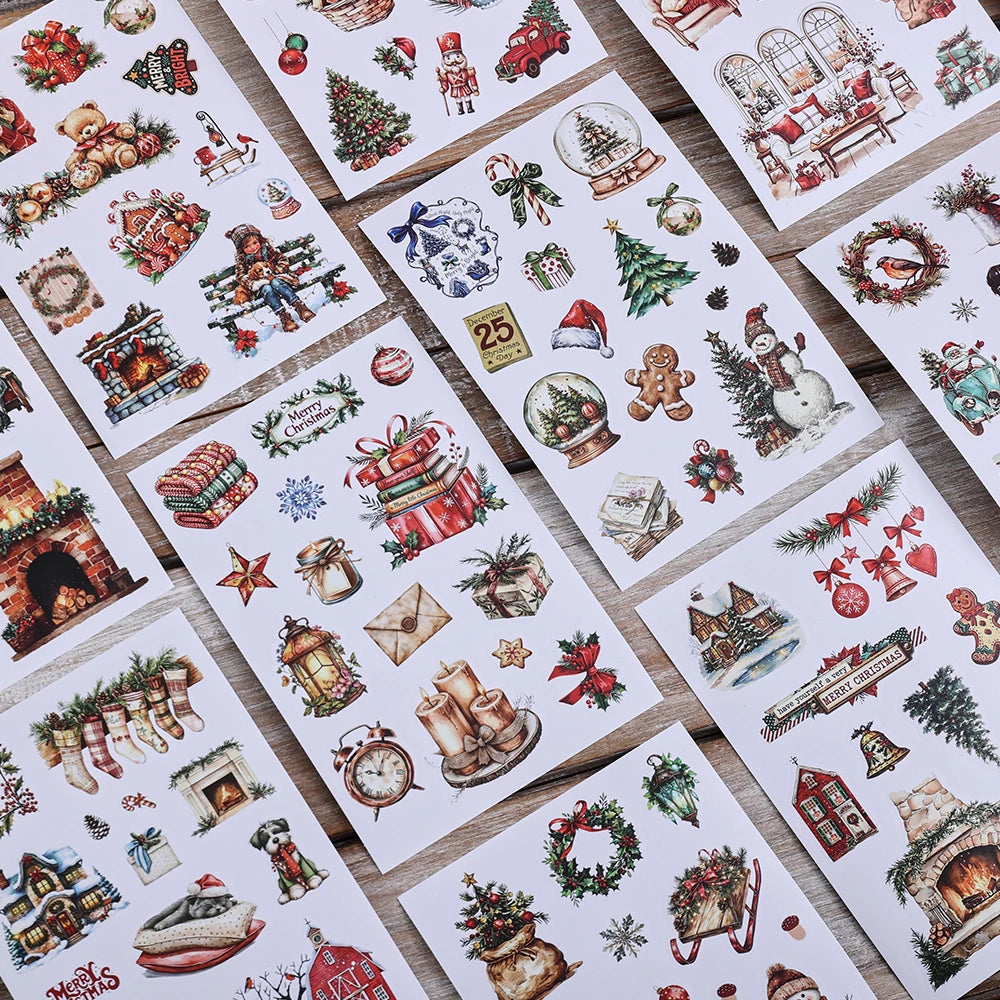 Eine Sammlung festlicher Weihnachtssticker mit Motiven wie Santa, Rentieren, Dekorationen und Winterlandschaften
