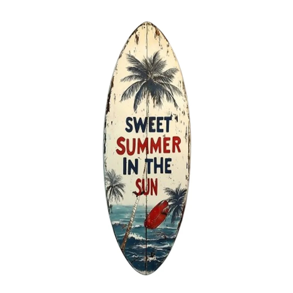 A wooden surfboard shaped piece featuring palm trees and the text Sweet Summer in the Sun