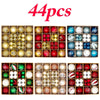 A set of 44 festive Christmas ornaments featuring various designs and colors.