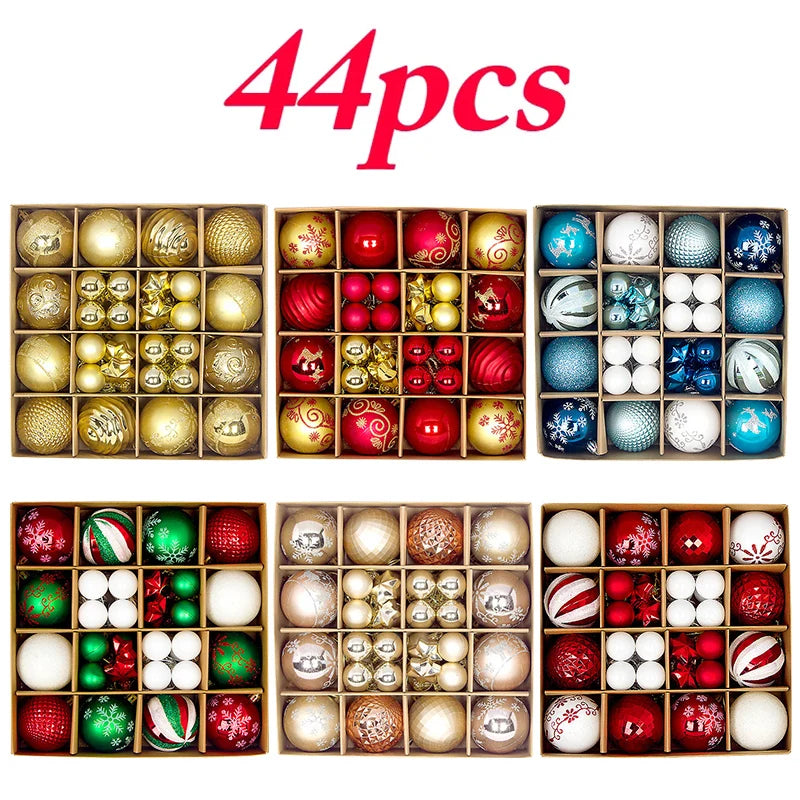 A set of 44 festive Christmas ornaments featuring various designs and colors.