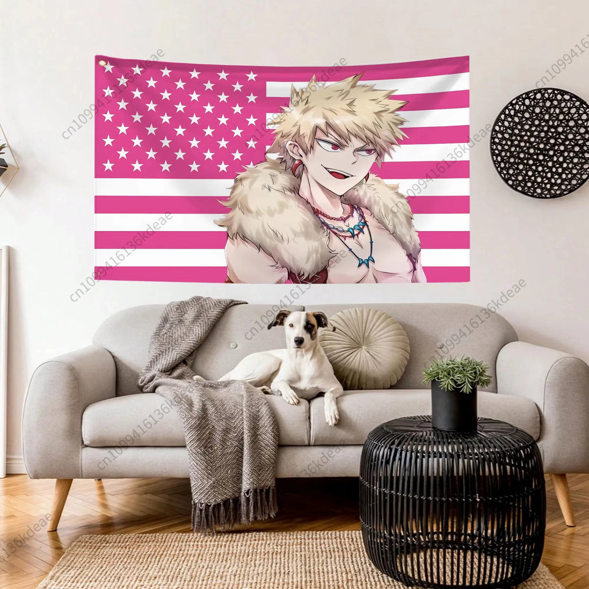 A pink and white American flag tapestry hangs above a beige sofa with a dog and a throw blanket.