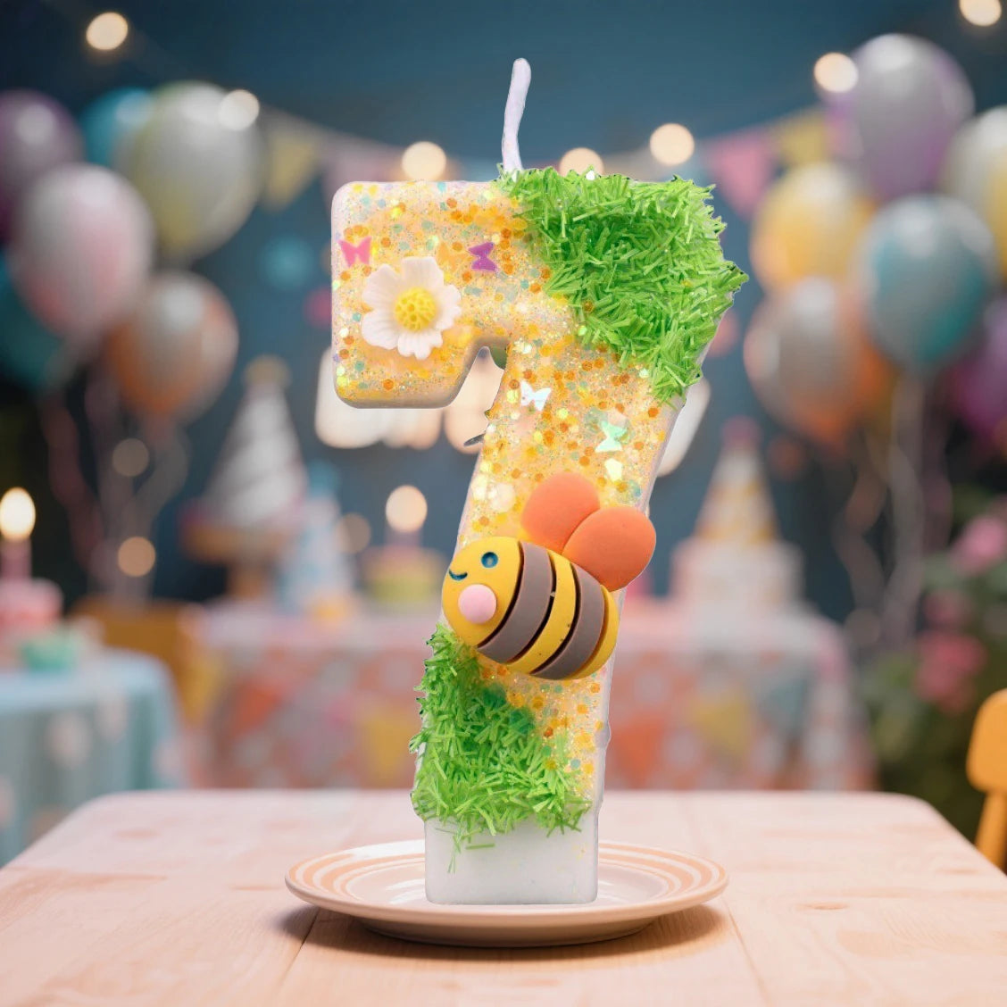 A large number seven candle decorated with green moss and gold glitter, featuring an bee design, set against a blurred birthd