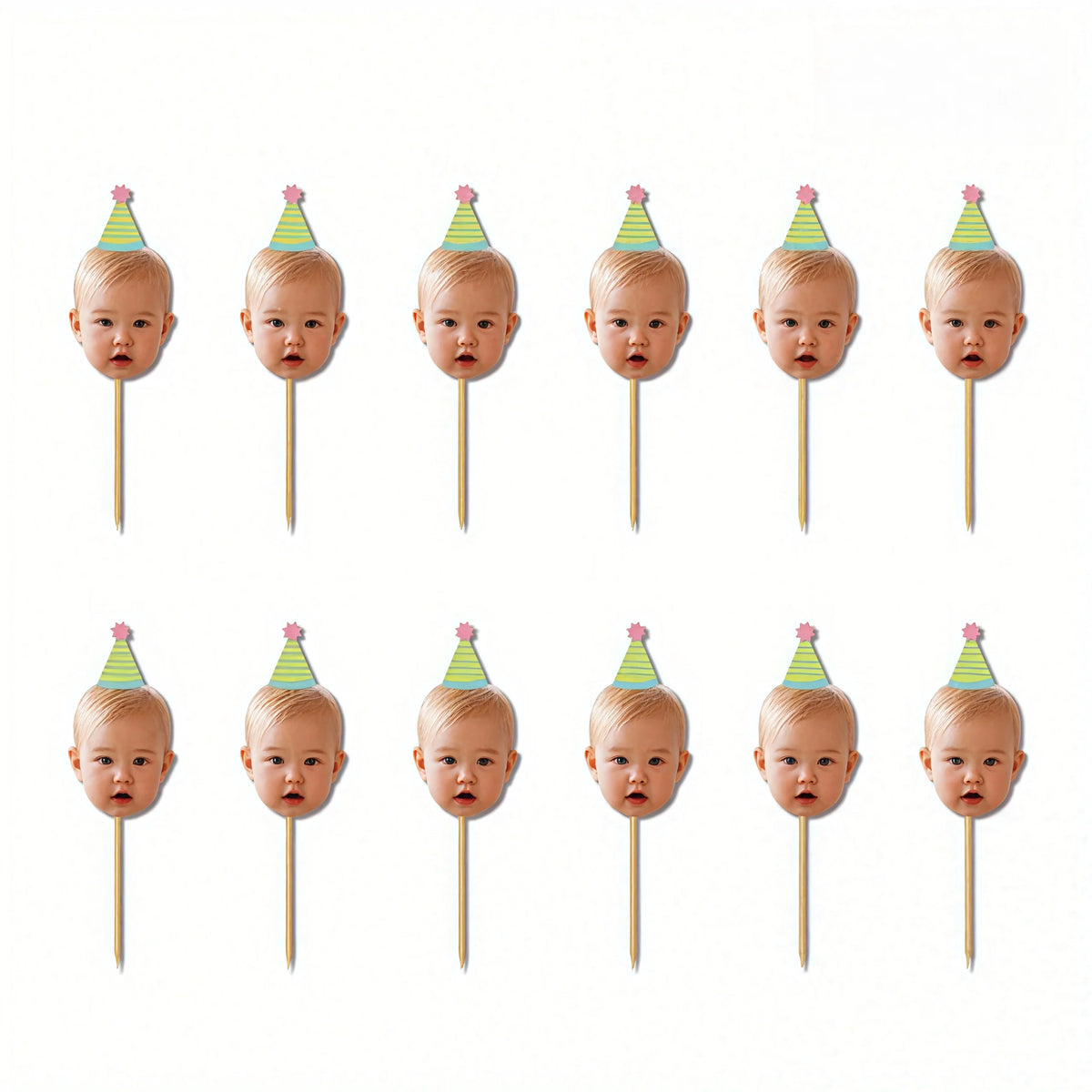 A set of twelve personalized baby photo cupcake toppers featuring infants on green and pink conical hats.