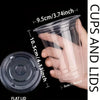 A hand holds a clear plastic cup and lid, demonstrating the size of the cups and lids.