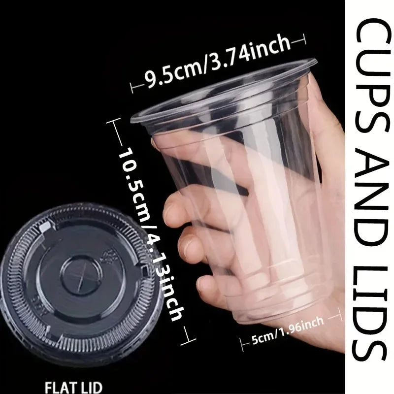 A hand holds a clear plastic cup and lid, demonstrating the size of the cups and lids.